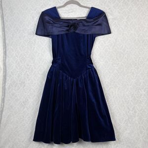 Vtg 80s Velvet Dress 5/6 Blue Velvet Satin Prom Basque Waist Party New Years Eve